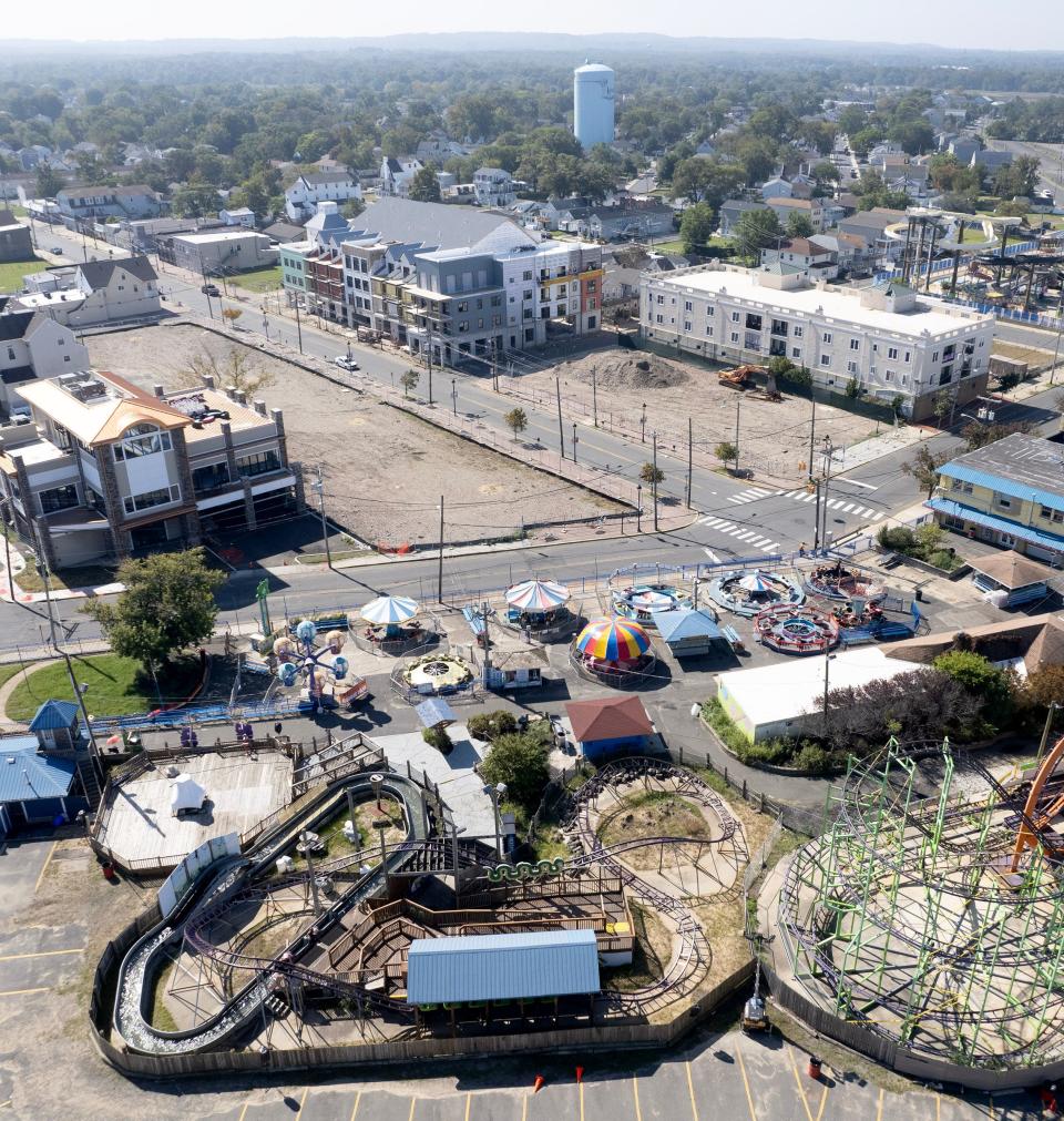 The Baypoint redevelopment project along Carr Avenue in Keansburg is shown across Beachway Avenue from the Keansburg Amusement Park Tuesday, October 3, 2023, two years after groundbreaking. Baypoint is supposed to bring 700 luxury apartment units, 45,000 square feet of restaurant, entertainment and retail space, and 1,000 parking spaces to Carr and Beachway avenues.