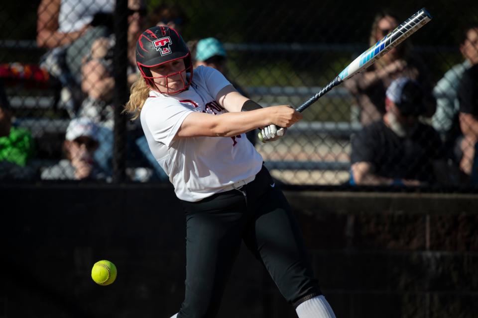 Thurston's Bailey Tovey hits a single as the Thurston Colts host the Churchill Lancers Tuesday, April 23, 2024 at Thurston High School in Springfield.