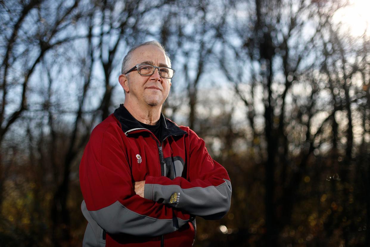 Dion Manley is the first openly transgender person to win elected office in Ohio. He is going to be in the Gahanna school board starting in January.  Dion poses for a photo outside his work in Westerville on December 12, 2021. 