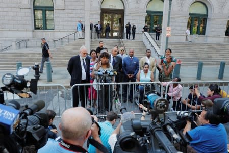 Gwen Carr, the mother of Eric Garner, speaks to the media after a meeting with Justice Department officials about their decision to not prosecute NYPD officer Daniel Pantaleo in New York