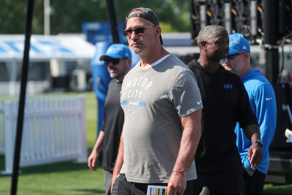 Chris Spielman, special assistant to the owner and CEO for the Detroit Lions walks off the field after practice during training camp at the Detroit Lions Headquarters and Training Facility in Allen Park on Sunday, July 23, 2023.