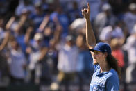 Kansas City Royals relief pitcher Scott Barlow celebrates after defeating the Los Angeles Dodgers in a baseball game, Sunday, Aug. 14, 2022, in Kansas City, Mo. (AP Photo/Reed Hoffmann)