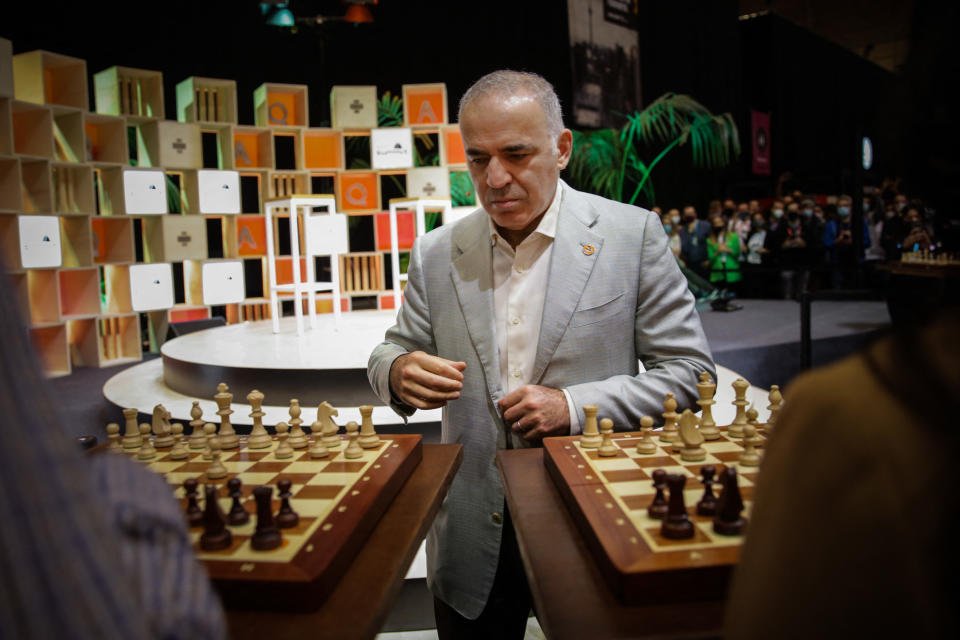 Garry Kasparov, pictured here playing simultaneous chess games at the Web Summit in Lisbon in 2021.