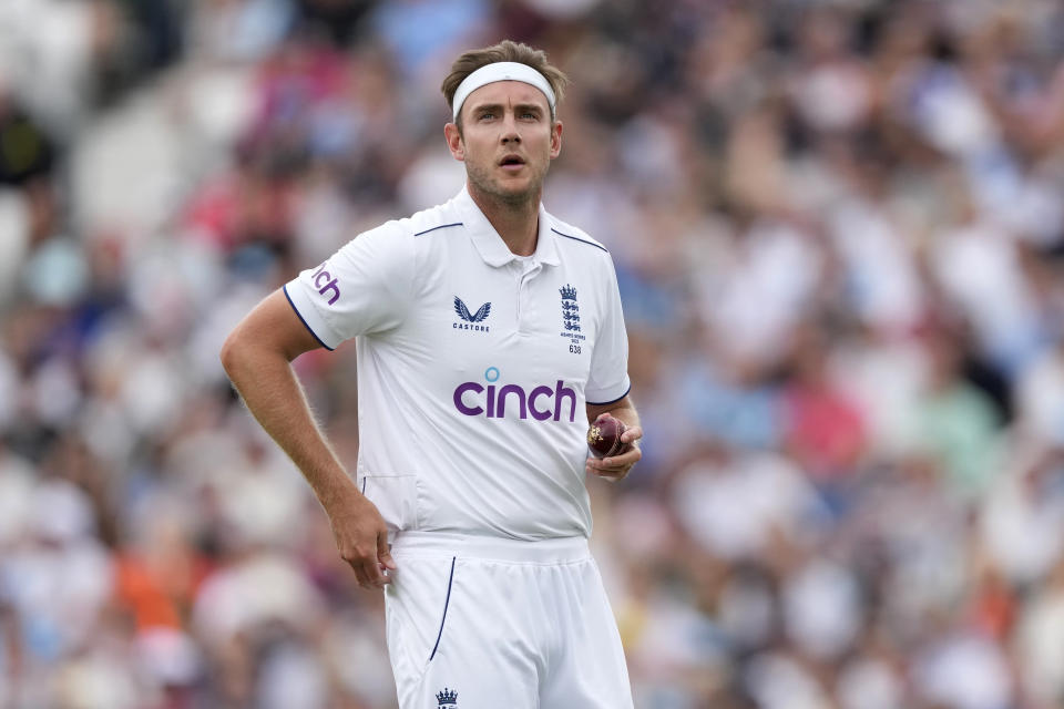 England's Stuart Broad prepares to bowl on day four of the fifth Ashes Test match between England and Australia, at The Oval cricket ground in London, Sunday, July 30, 2023. (AP Photo/Kirsty Wigglesworth)