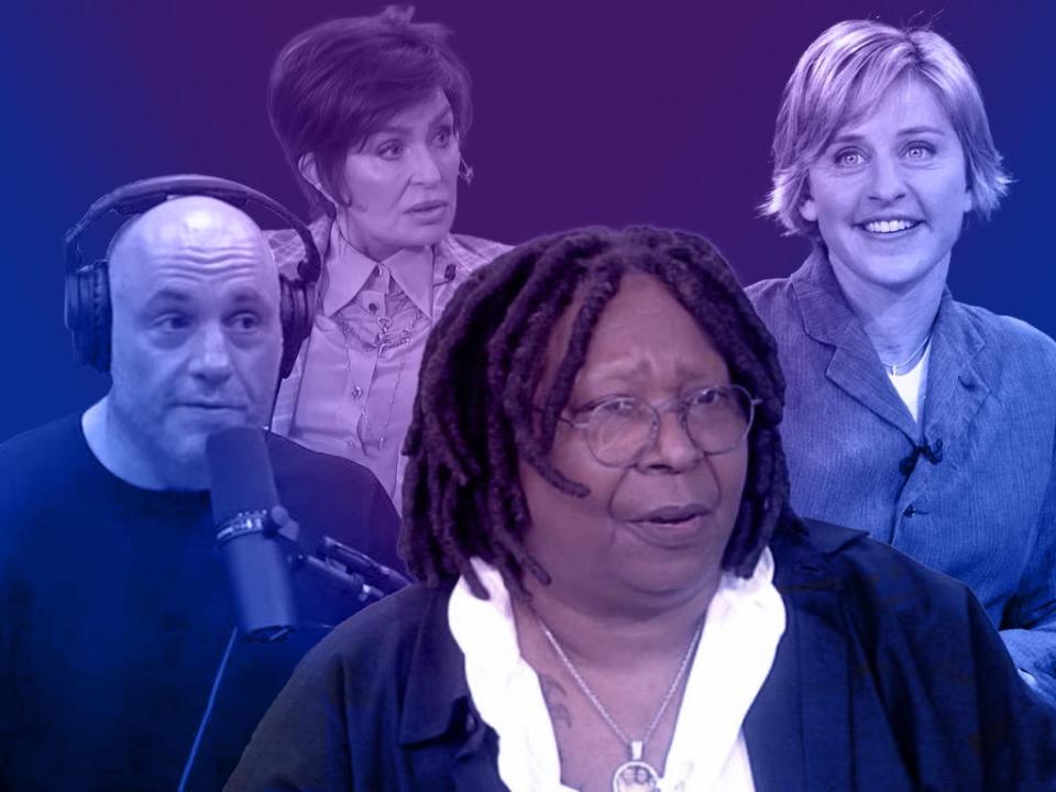 Joe Rogan, Sharon Osbourne, Whoopi Goldberg y Ellen DeGeneres son solo algunos de los presentadores que se han visto en aprietos en los últimos meses  (Getty/Joe Rogan Experience/Spotify/CBS)