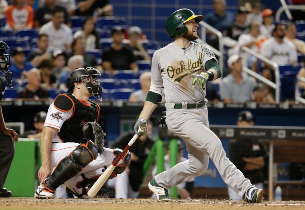 Jed Lowrie's left-handed swing has been sweet all season