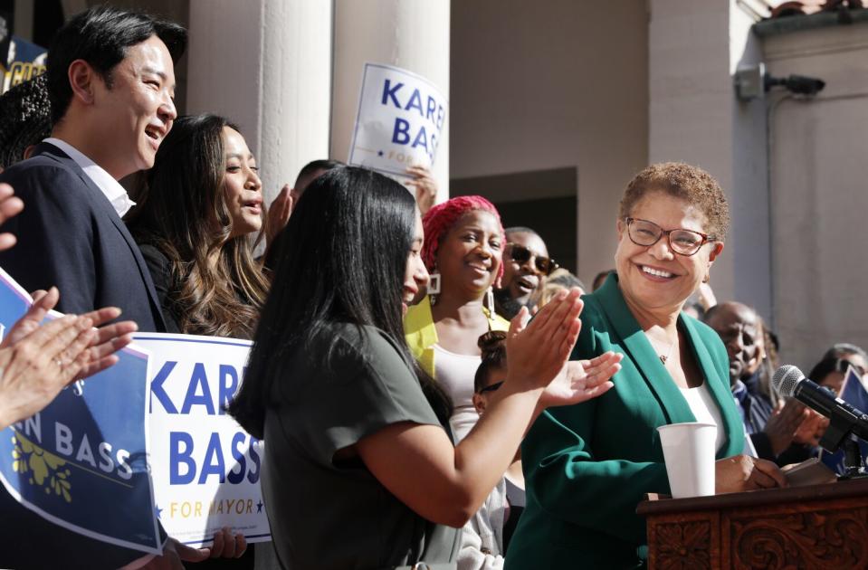 Karen Bass speaks at the Wilshire Ebell Theatre in Los Angeles on Thursday.