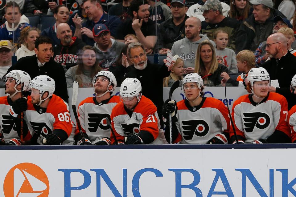 Apr 6, 2024; Columbus, Ohio, USA; Philadelphia Flyers head coach John Tortorella directs players from the bench during the first period against the Columbus Blue Jackets at Nationwide Arena. Mandatory Credit: Russell LaBounty-USA TODAY Sports