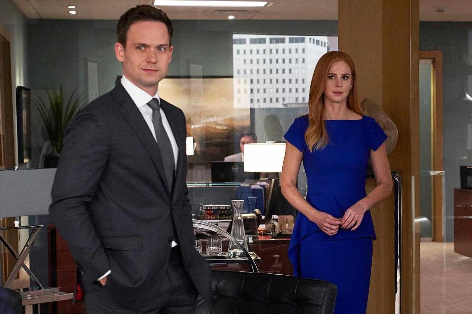 <p>Shane Mahood/USA Network/NBCU Photo Bank/NBCUniversal via Getty</p> Patrick J. Adams and Sarah Rafferty in season 9 of 