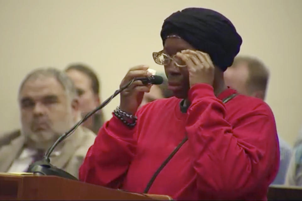 Elijah McClain’s mother, Sheneen McClain, wipes her eyes as she speaks in court during the sentencing of former paramedic Jeremy Cooper, who injected her son with ketamine before his death, Friday, April 26, 2024, in the Brighton, Colo. Cooper was convicted last year of criminally negligent homicide in the Black man's death, which helped fuel the 2020 social justice protests. (ABC News One/Pool via AP)