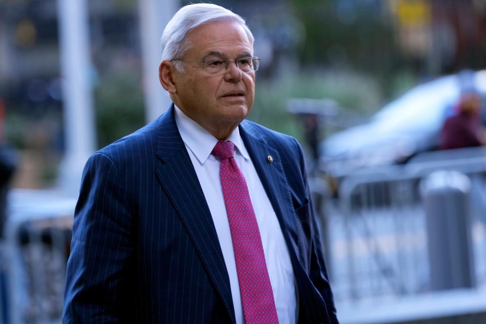 Senator Bob Menendez is shown as he walks towards federal court in the Southern District of New York, in lower Manhattan, Monday, October 23, 3023.