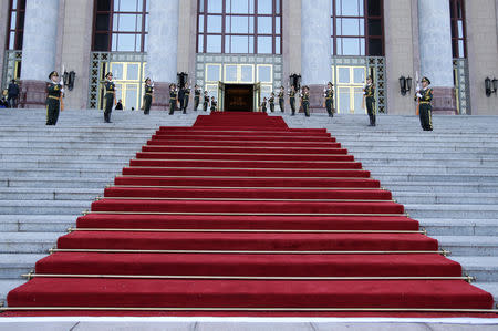 Members of Chinese honor guard prepare for a welcoming banquet for leaders attending the Belt and Road Forum outside the Great Hall of the People, in Beijing, China, April 26, 2019. REUTERS/Jason Lee/Pool