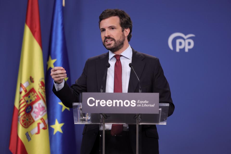 Pablo Casado durante una rueda de prensa en la sede del PP este mes de julio. (Foto: Eduardo Parra / Europa Press / Getty Images).