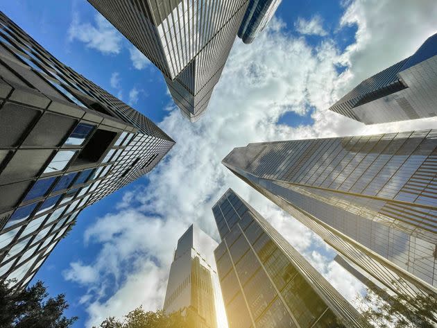 View from below of office towers in Lower Manhattan, New York City, USA