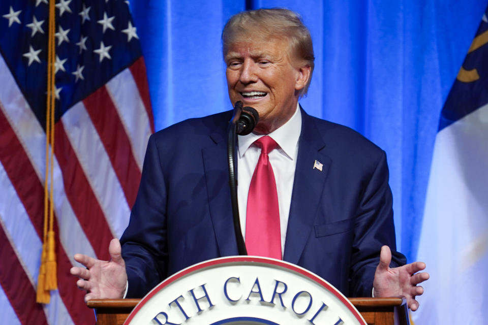 FILE - Former President Donald Trump speaks during the North Carolina Republican Party Convention in Greensboro, N.C., Saturday, June 10, 2023. As former President Donald Trump prepares for a momentous court appearance this week on charges related to the hoarding of top-secret documents, Republican allies are amplifying without evidence claims that he’s the target of a political prosecution. (AP Photo/George Walker IV, File)