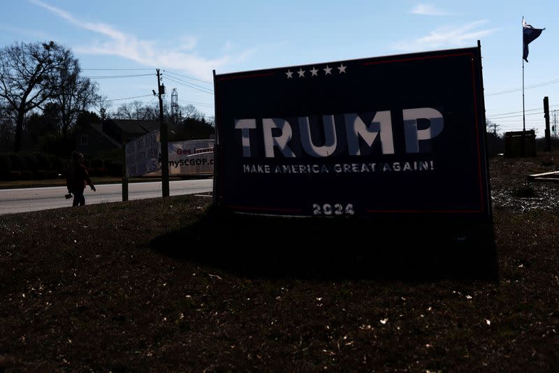 Signs supporting Republican presidential candidate and former U.S. President Donald Trump ahead of the South Carolina Republican presidential primary election, in Greenville