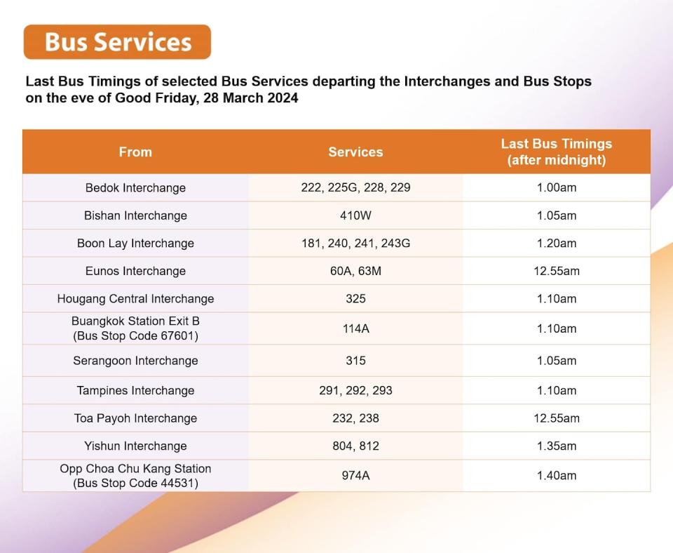 Table of SBS bus services extended on eve of Good Friday 2024 (Photo: Facebook/SBS Transit Ltd)