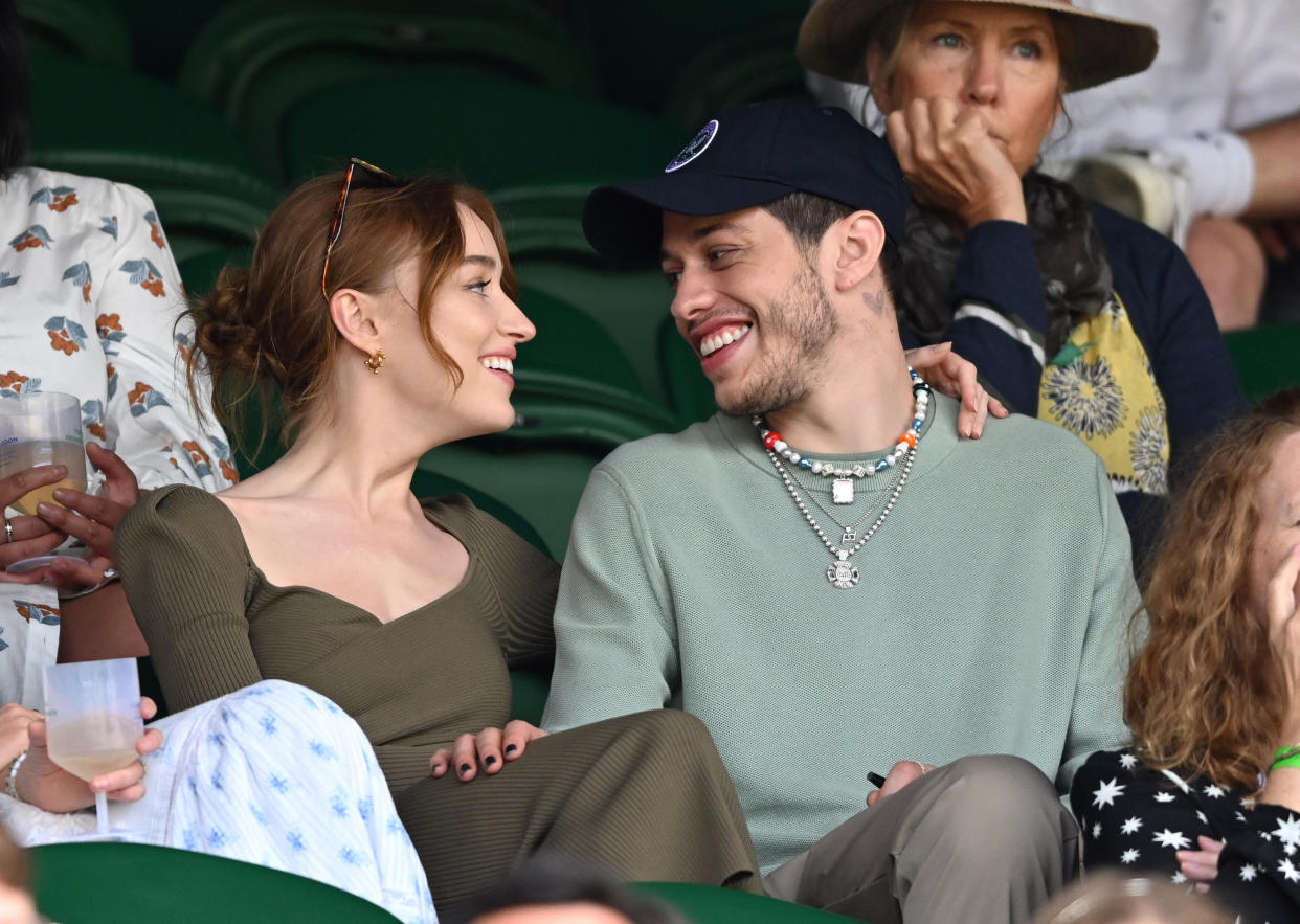 Phoebe Dynevor and Pete Davidson hosted by Lanson attend day 6 of the Wimbledon Tennis Championships at the All England Lawn Tennis and Croquet Club on July 03, 2021. (Karwai Tang / WireImage)