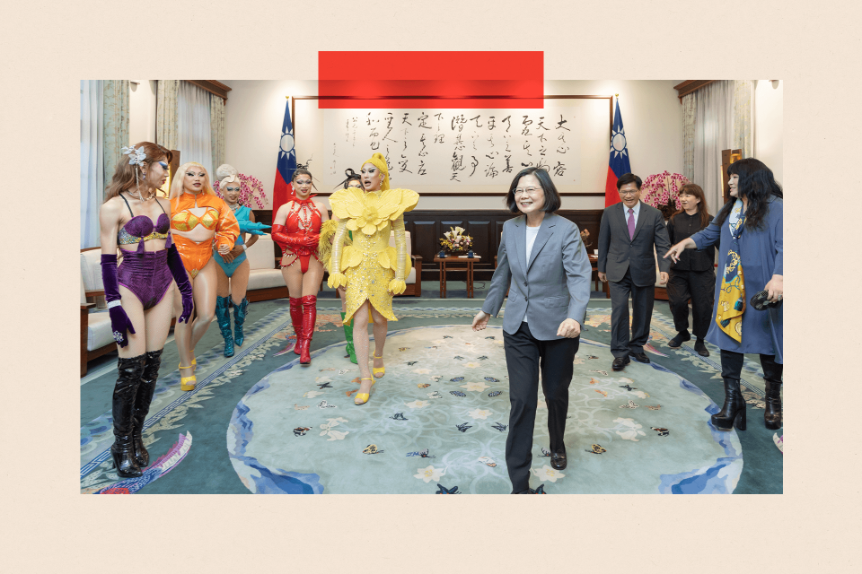 Tsai Ing-wen hosted a delegation of drag queens - including RuPaul's Drag Race winner, Taiwanese-American Nymphia Wind - at her presidential office