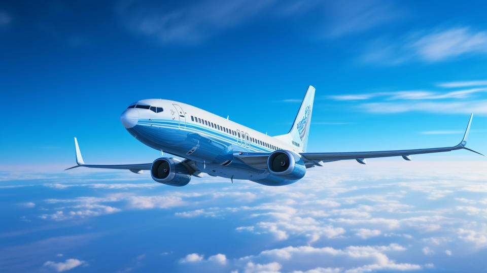 A modern commercial jet airliner decorated with the company logo in flight against a clear blue sky.