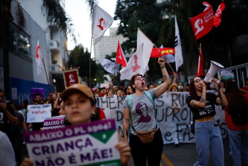 Protest against a bill that would equate abortion carried out after 22 weeks of pregnancy with the crime of murder, in Sao Paulo