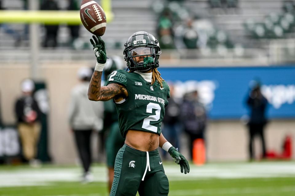 Michigan State's Tyrell Henry warms up before the football game against Nebraska on Saturday, Nov. 4, 2023, at Spartan Stadium in East Lansing.