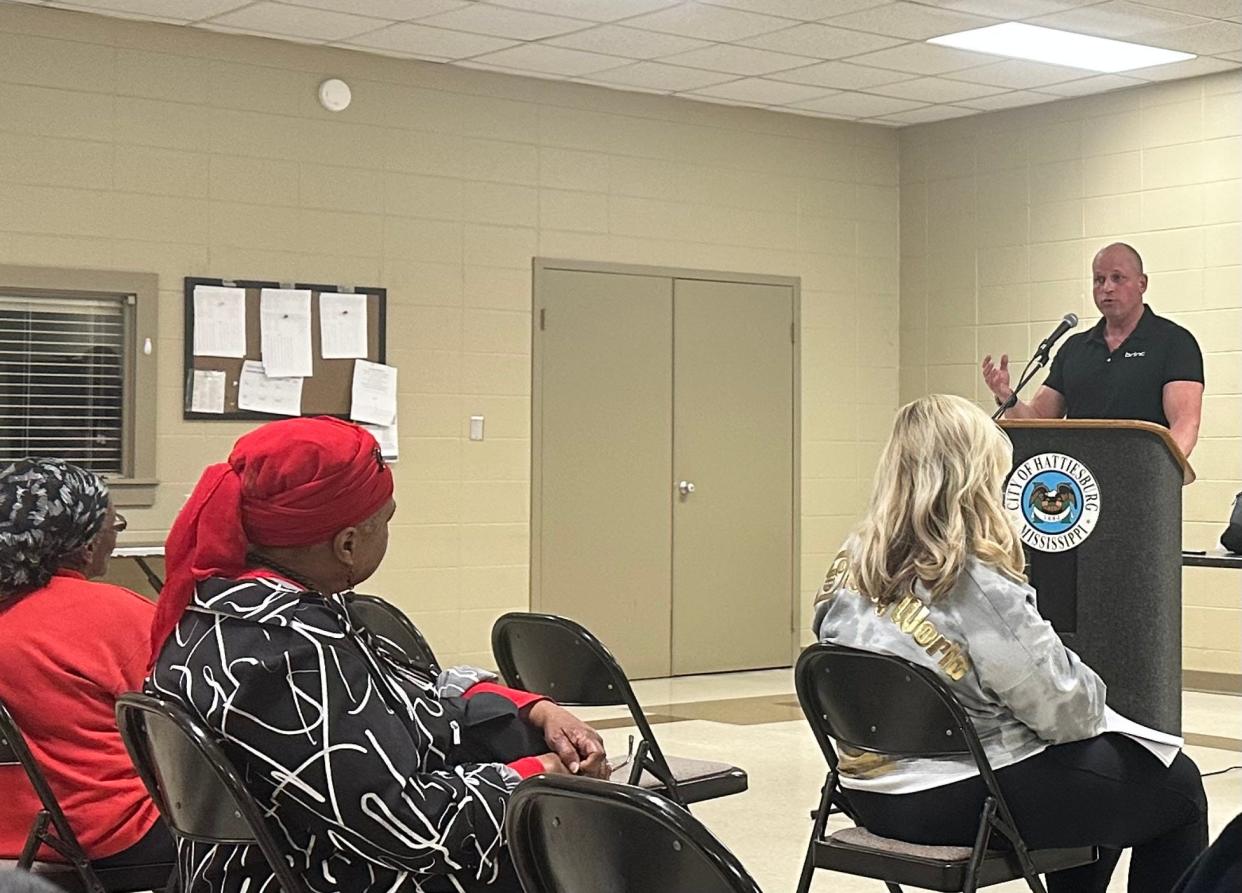 Former police officer Mark Lane explains how drones can be used to help police and firefighters in emergency situations during a community meeting at the Sigler Center in Hattiesburg, Miss., Thursday, Feb. 22, 2024.