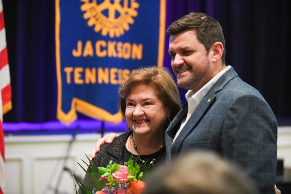 Judy Renshaw poses for a picture with Madison County Mayor A.J. Massey during the 2023 Woman of the Year ceremony hosted by the Jackson Rotary Club on Wednesday, Feb. 21, 2024.