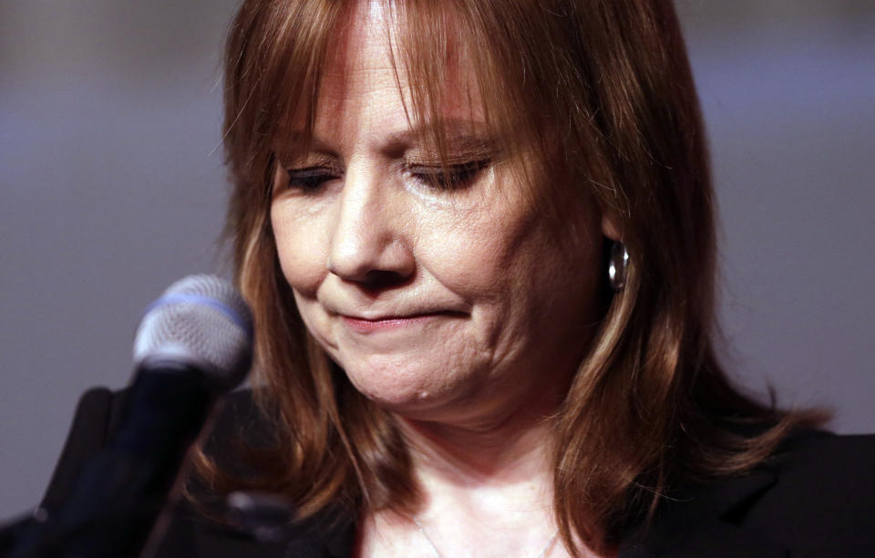 Mary Barra , CEO of General Motors, speaks at the 2014 Automotive Forum, Tuesday, April 15, 2014 in New York. The forum is sponsored by the National Automobile Dealers Association (NADA) and J.D. Power. (AP Photo/Mark Lennihan)