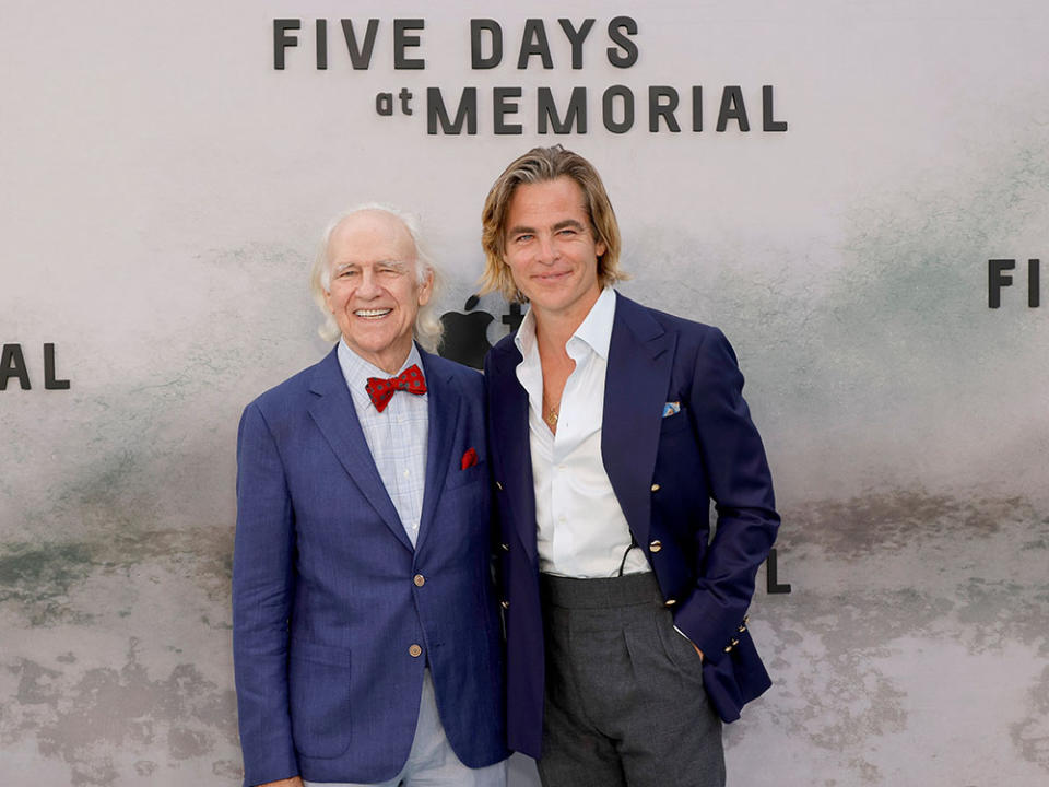 (L-R) Robert Pine and Chris Pine attend the Apple TV+ limited series "Five Days At Memorial" red carpet event at Directors Guild Of America on August 08, 2022 in Los Angeles, California.