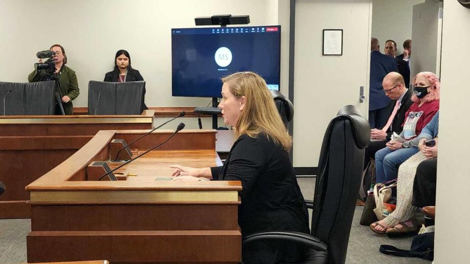 Mary Foster, the mother of a young trans person, testifies before a Senate panel in opposition to S. 627 on Wed., March 29, 2023.