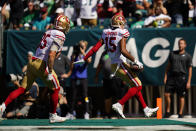 San Francisco 49ers wide receiver Jauan Jennings (15) scores a touchdown during the first half of an NFL football game against against the Philadelphia Eagles on the San Francisco 49ers on Sunday, Sept. 19, 2021, in Philadelphia. (AP Photo/Matt Rourke)