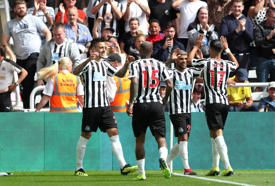 Newcastle players celebrate Joselu’s equaliser on the first Saturday of the new Premier League season