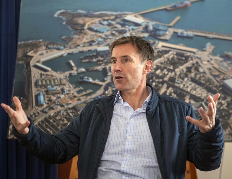 Conservative party leadership candidate Jeremy Hunt speaks during his visit to Peterhead in Scotland, Sunday June 23, 2019. The two final contenders for leadership of Britain's ruling Conservative Party, Jeremy Hunt and Boris Johnson will be put to a vote of party members nationwide, with the winner due to replace Prime Minister Theresa May as party leader and prime minister.(Michal Wachucik/PA via AP)