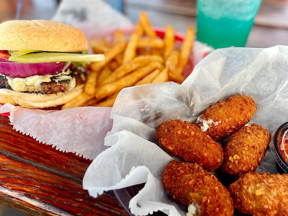 Black and blue burger, jalapeno poppers and Mermaid Water from Finn's Beachside Pub in Flagler Beach.