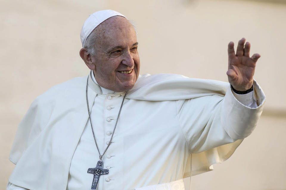 Pope Francis waves during his weekly general audience in St. Peter's Square at the Vatican, Wednesday, Oct. 9, 2019. (Fabio Frustcai/ANSA via AP)