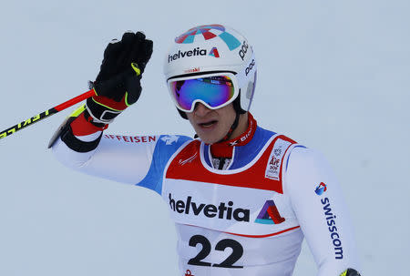 Alpine Skiing - FIS Alpine World Ski Championships - Men's Giant Slalom - Are, Sweden - February 15, 2019 - Switzerland’s Marco Odermatt reacts. REUTERS/Leonhard Foeger