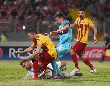 Football - Birkikara v West Ham United - UEFA Europa League Second Qualifying Round Second Leg - Ta' Qali National Stadium, Malta - 23/7/15 Birkirkara's Justin Haber saves at feet of West Ham's Mauro Zarate Mandatory Credit: Action Images / Alan Walter Livepic EDITORIAL USE ONLY.