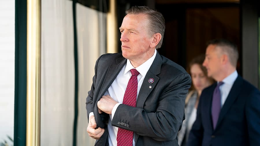 Rep. Paul Gosar (R-Ariz.) leaves the Capitol Hill Club in Washington, D.C., following a closed-door House Republican conference meeting on Wednesday, April 27, 2022.