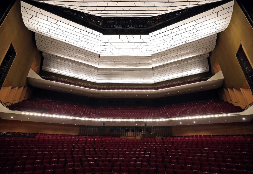 The view of the house and its movable ceiling from center stage at E.J. Thomas Hall on Aug. 29 in Akron.