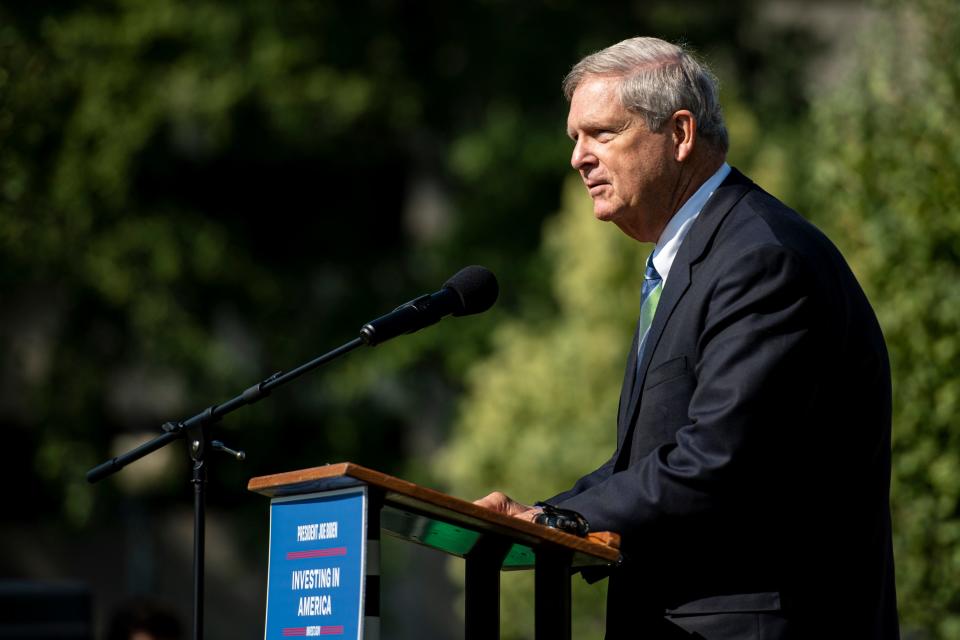 U.S. Secretary of Agriculture Tom Vilsack speaks during an event at Greene Square Park in Cedar Rapids, Iowa on Thursday, Sept. 14, 2023. Federal officials announced that the City of Cedar Rapids would receive a portion of the 1.5 billion dollars in federal funding allocated to Urban and Community Forestry by the Inflation Reduction Act.  (Nick Rohlman /The Gazette via AP)