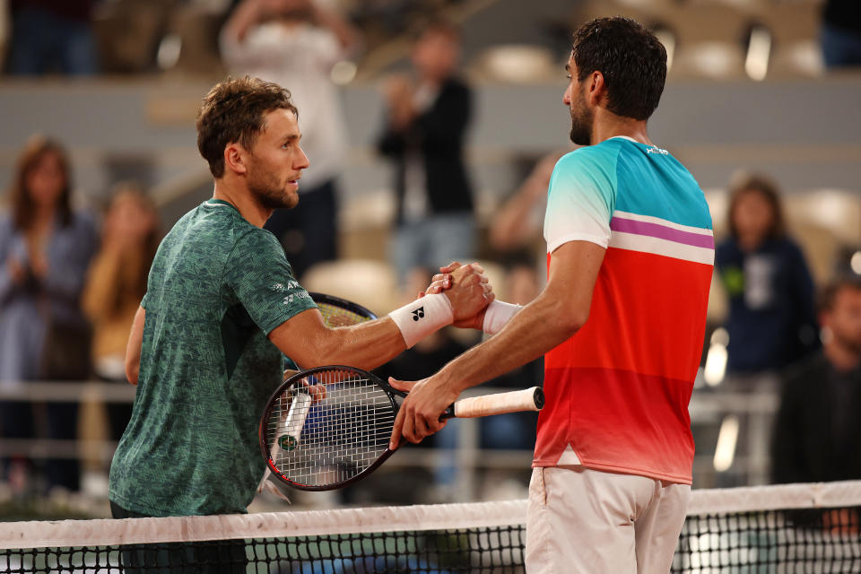 Casper Ruud and Marin Cilic, pictured here shaking hands after their semi-final clash at the French Open.