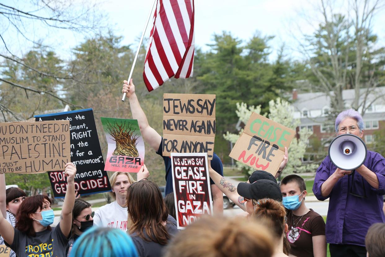 Hundreds of University of New Hampshire students and some faculty take part in a pro-Palestinian rally on the Thompson Hall law Monday, May 6, 2024.