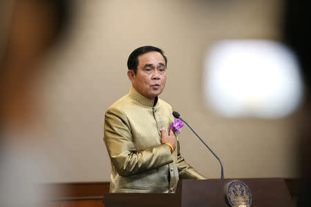 FILE PHOTO: Thailand's Prime Minister Prayuth Chan-ocha gestures during a news conference after a weekly cabinet meeting at Government House in Bangkok, Thailand, January 9, 2018. REUTERS/Athit Perawongmetha/FIle Photo