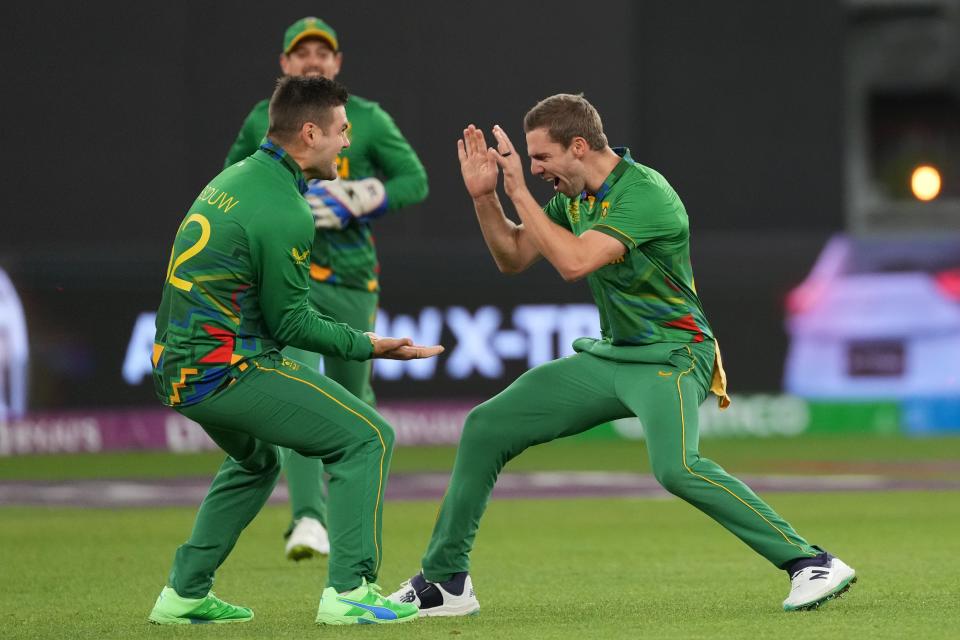Anrich Nortje (R) of proteas celebrates with teammate during the 2022 ICC Men's T20 World Cup match between South Africa and India at Optus Stadium on October 30, 2022 in Perth, Australia.