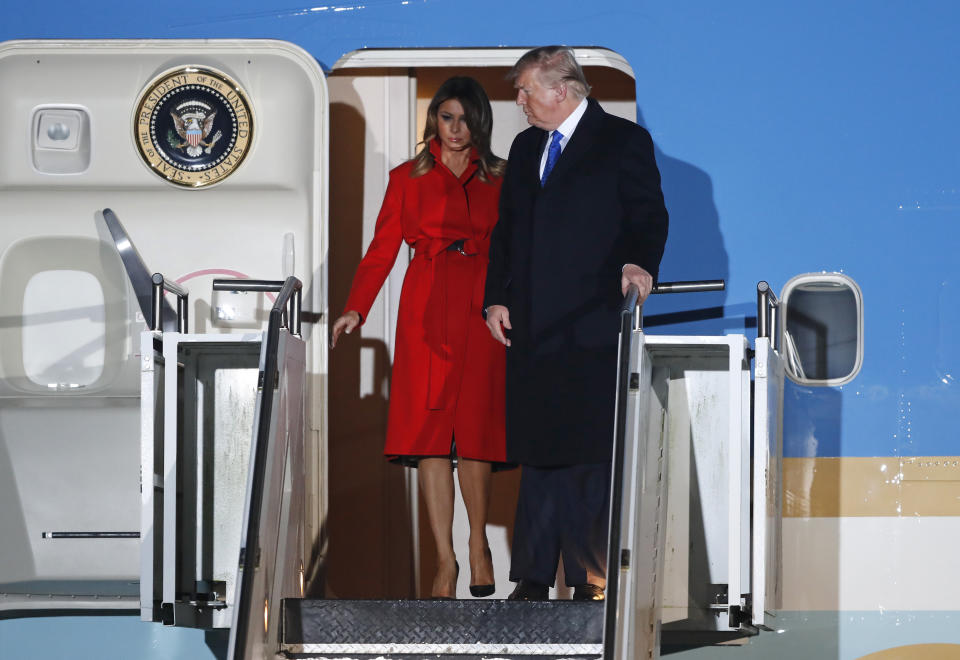 U.S. President Donald Trump and U.S. first lady Melania Trump arrive at Stansted Airport in England, Monday, Dec. 2, 2019. US President Donald Trump will join other NATO heads of state at Buckingham Palace in London on Tuesday to mark the NATO Alliance's 70th birthday. (AP Photo/Frank Augstein)