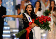 LAS VEGAS, NV - JANUARY 14: Laura Kaeppeler, Miss Wisconsin, reacts after being crowned Miss America during the 2012 Miss America Pageant at the Planet Hollywood Resort & Casino January 14, 2012 in Las Vegas, Nevada. (Photo by Ethan Miller/Getty Images)