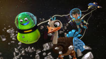 Miles and his pet robotic ostrich Merc and an alien outside the Callisto family's starship in an episode of "Miles from Tomorrow," an animated Disney Junior TV show about a family traveling the universe.