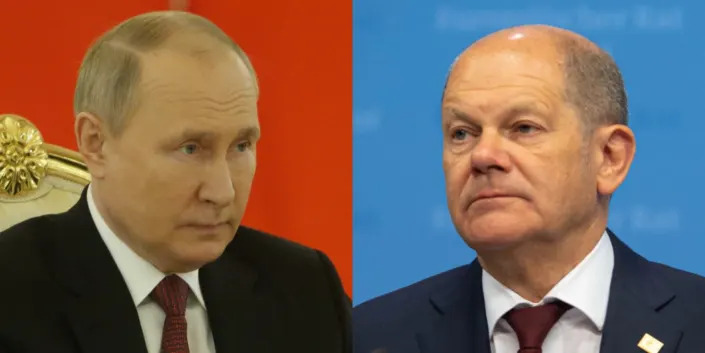 Head shots of Vladimir Putin and Olaf Scholz