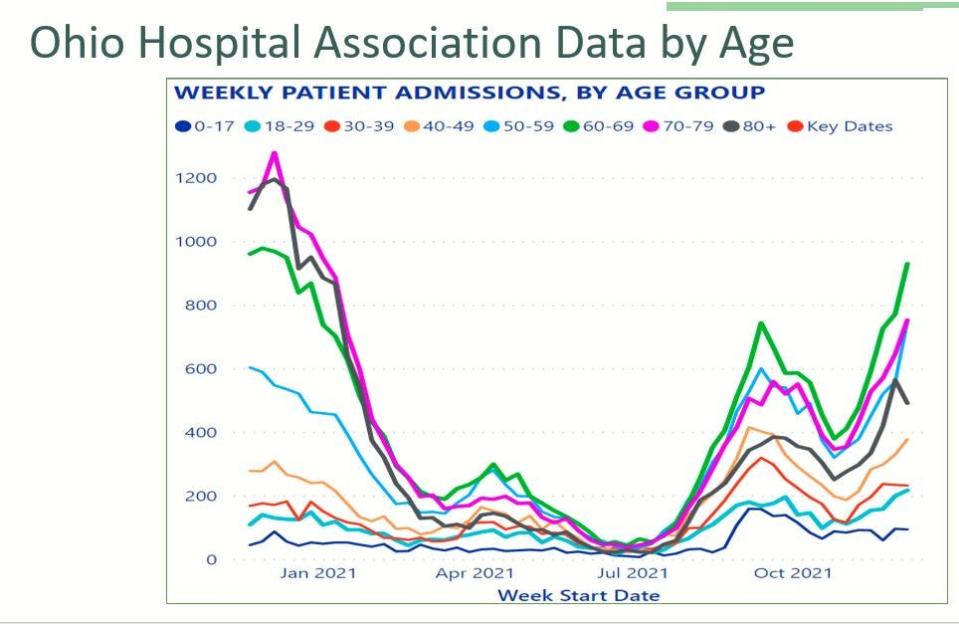 Hamilton County Health Commissioner Greg Kesterman released patient age group information Wednesday showing that people in their 60s now account for the majority of hospitalized COVID-19 patients. Ninety percent of patients are not vaccinated, he said.